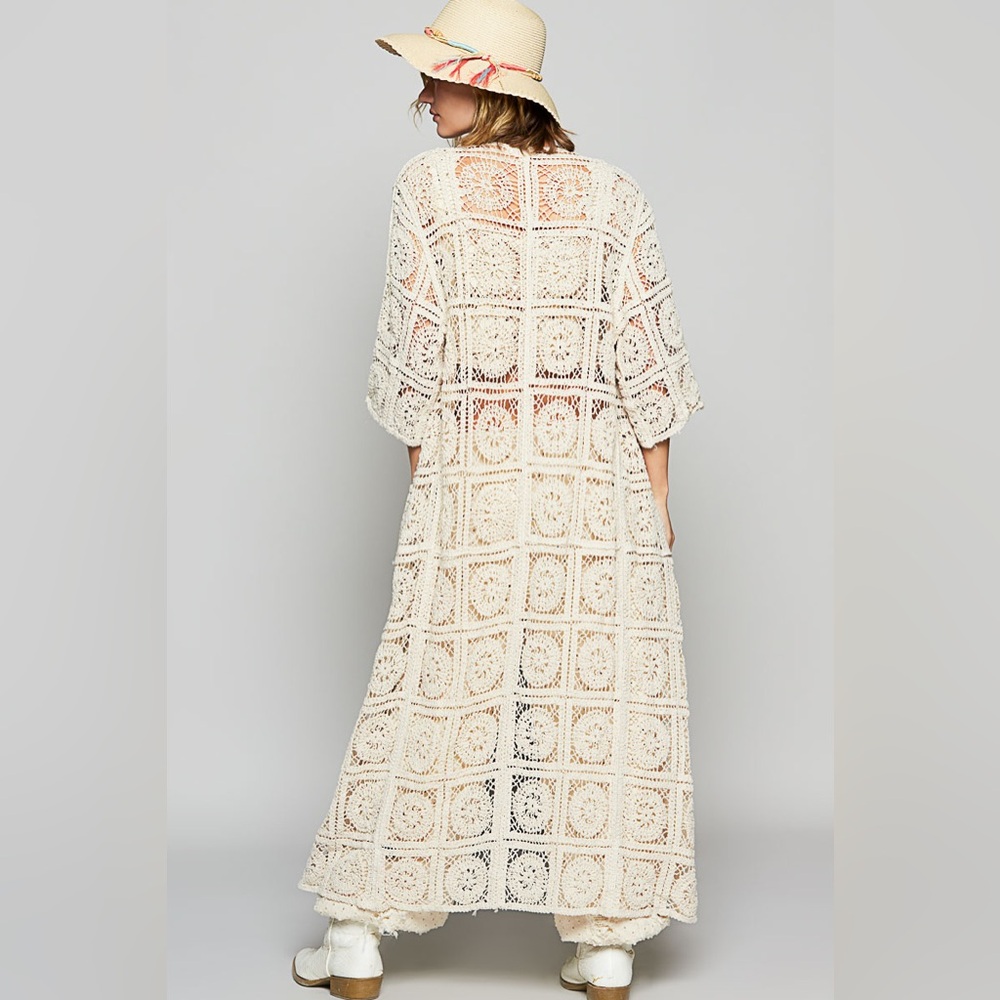 542. POL Maxi Tan Cream Crochet Cardigan long open flowy bohemian boho POL - Picture 3 of 6